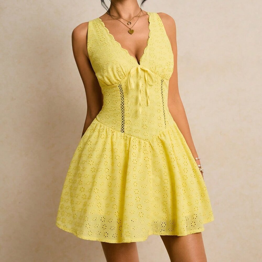 Yellow Boho Women's Embroidered Mini Dress - Picture 5 of 8